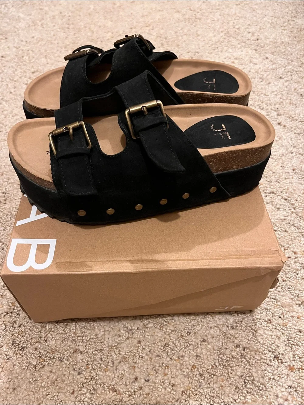 JustFab Black Suede Double-Buckle Slide Sandals with Gold Accents